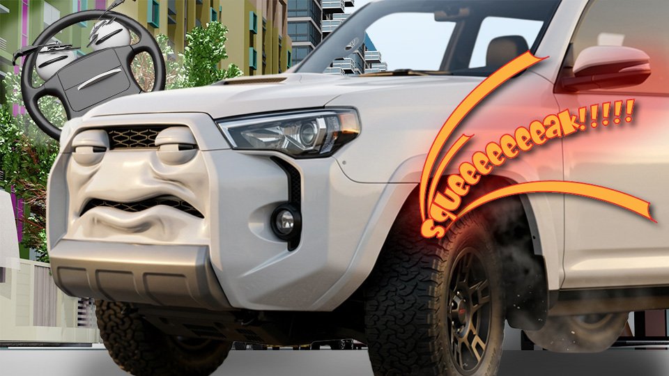 A 3D render of the tough-guy face on a white SUV wincing as the front wheel makes a horrific squeal on Grumble Blvd while Parker looks on, by John D Reinhart