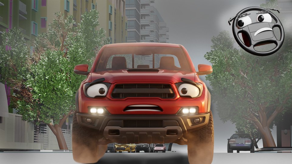 A 3D render of a cute modern red pickup truck with headlights and fog lights and a scared face peering cartoonishly through a thick fog on Grumble Blvd while Parker looks on, by John D Reinhart