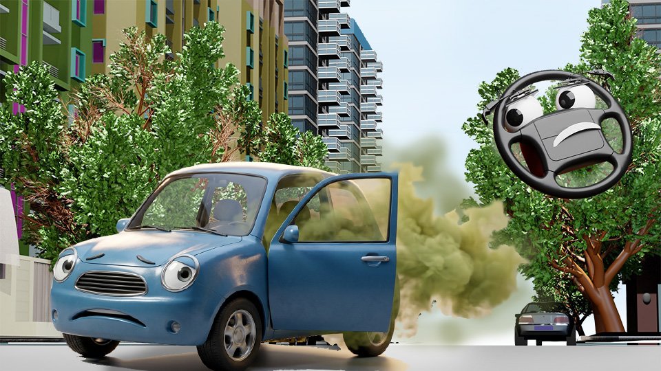 A 3D render of a cute little car looking concerned as an awful green fog flows out of the open driver's door on Grumble Blvd while Parker looks on, by John D Reinhart