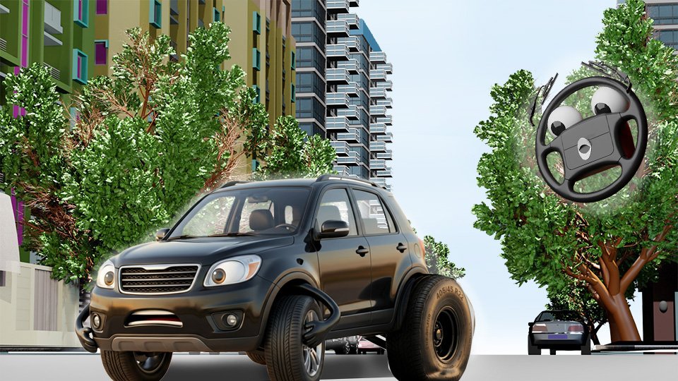 A 3D render of a cute black SUV looking in horror at the comically over-inflated left rear tire on Grumble Blvd while Parker looks on, by John D Reinhart