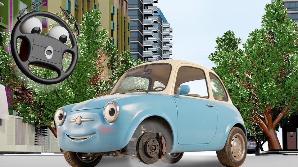 A 3D render of a cute little car missing its left front tire and smiling apologetically as it displays the detailed disk brake system of the left front wheel on Grumble Blvd while Parker looks on, by John D Reinhart