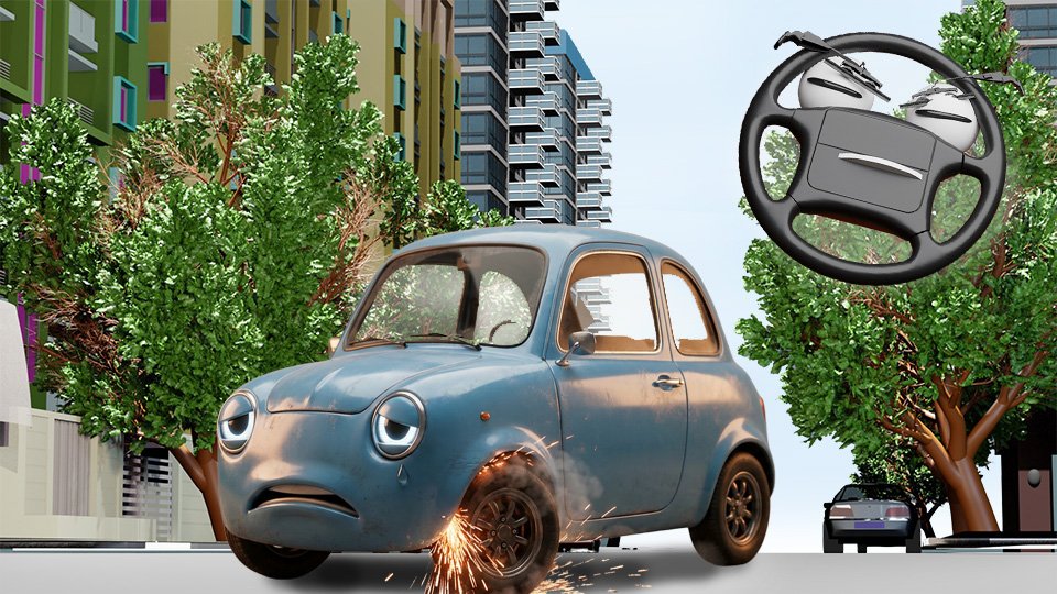 A 3D render of a cute little car looking unhappy as grinder-like sparks shoot around the left front wheel on Grumble Blvd while Parker looks on, by John D Reinhart