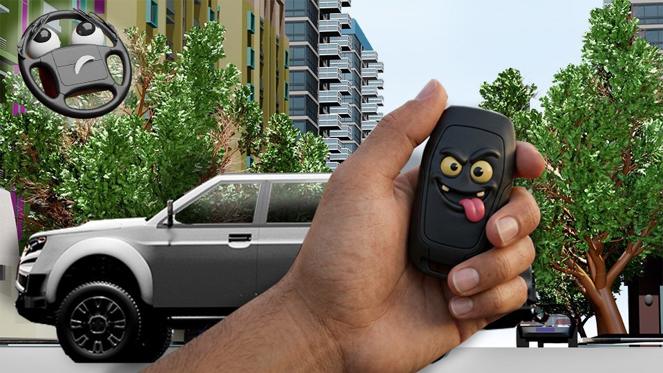 A 3D render of a car key fob that is making an impish face and sticking out its tongue while the silver pickup truck in the background remains locked on Grumble Blvd while Parker looks on, by John D Reinhart