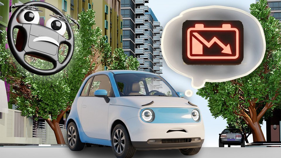 A 3D render of a cute electric car looking anxiously up at a thought balloon that shows a "low electric charge warning" dashboard light on Grumble Blvd while Parker looks on, by John D Reinhart
