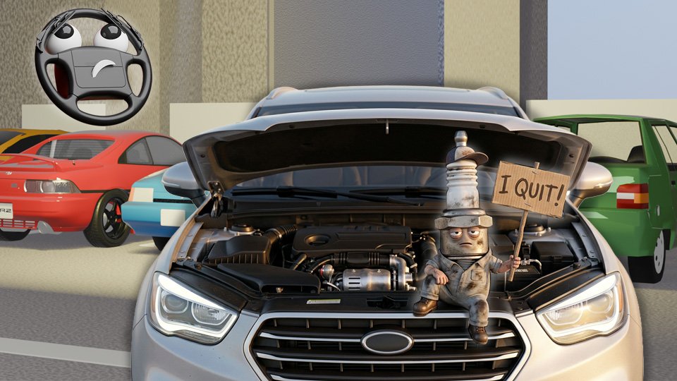 A 3D render of a concerned-looking cute modern silver SUV with the hood open and an exhausted cartoonish tough-guy spark plug climbing out of the engine bay carrying a sign that says "I quit!" in the Grumble garage while Parker looks on, by John D Reinhart