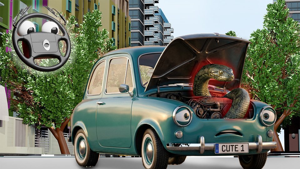 A 3D render of a cute little car looking worried as a giant snake peers out from under the hood on Grumble Blvd while Parker looks on, by John D Reinhart