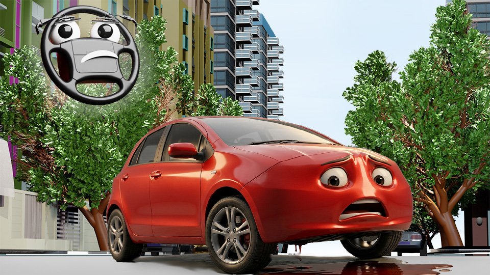 A 3D render of a modern little red car with a face looking down in horror at the pool of fluid oozing out between the front wheels, on Grumble Blvd while Parker looks on, by John D Reinhart