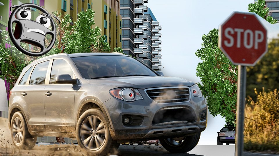 A 3D render of a grey SUV screaming in panic as it rushes past a stop sign with failed brakes on Grumble Blvd while Parker looks on, by John D Reinhart