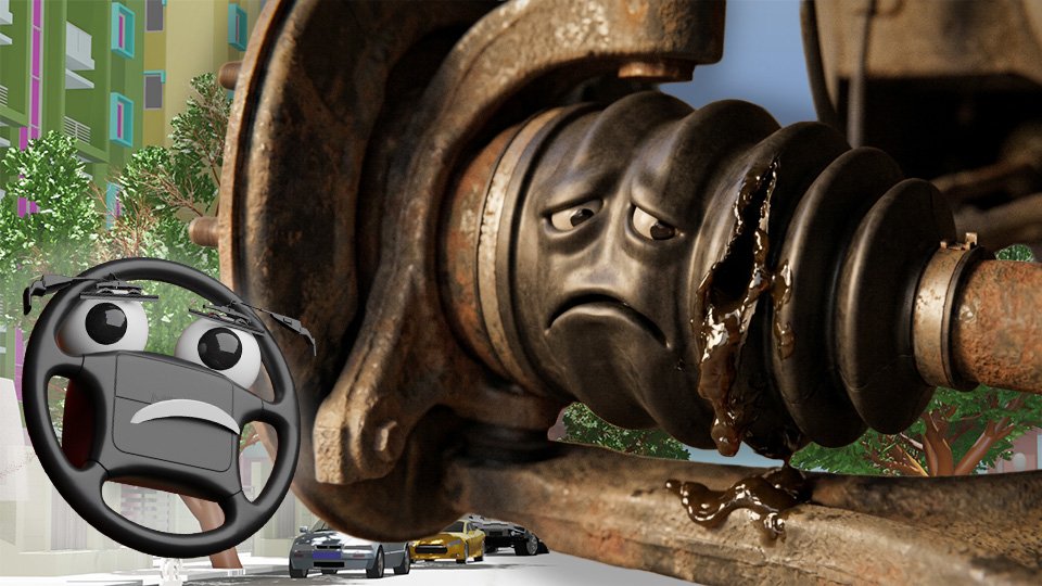 A 3D render of an unhappy Constant Velocity boot mounted on a car staring at an enormous tear from which is oozes grease on Grumble Blvd while Parker looks on, by John D Reinhart