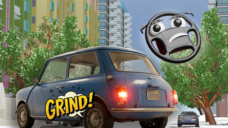 A 3D render of a small blue car stopped at a stop sign with brakes lights on and a loud GRIND coming from a rear wheel on Grumble Blvd while Parker looks on, by John D Reinhart