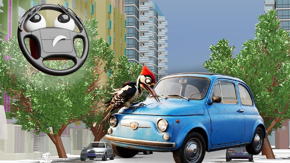 A 3D render of a crazy woodpecker knocking on the hood of a little blue car on Grumble Blvd while Parker looks on, by John D Reinhart