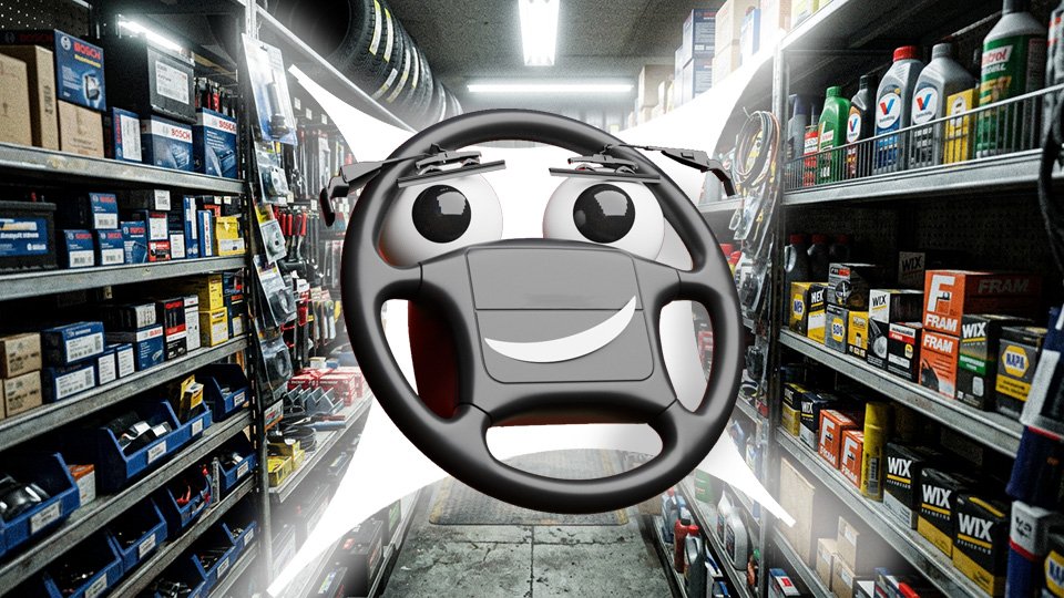 The steering-wheel-faced mascot Parker in front of a seemingly overwhelming aisle of an auto parts store.
