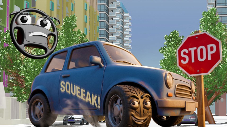 A 3D render of a mischievous-looking front tire making a squeaking noise as the little blue car stops at a stop sign on Grumble Blvd while Parker looks on, by John D Reinhart