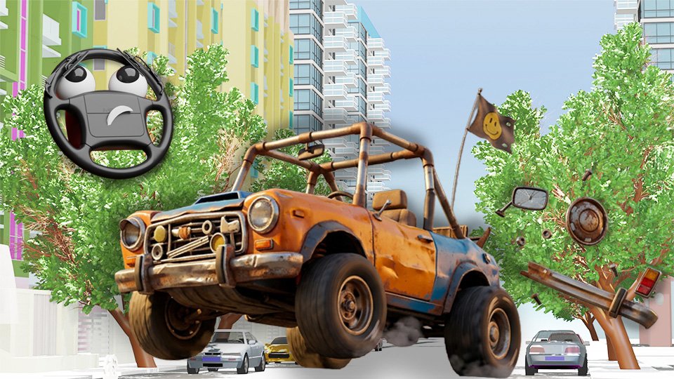 A 3D render of a goofy car speeding over a speedbump with parts flying off on Grumble Blvd while Parker looks on, by John D Reinhart
