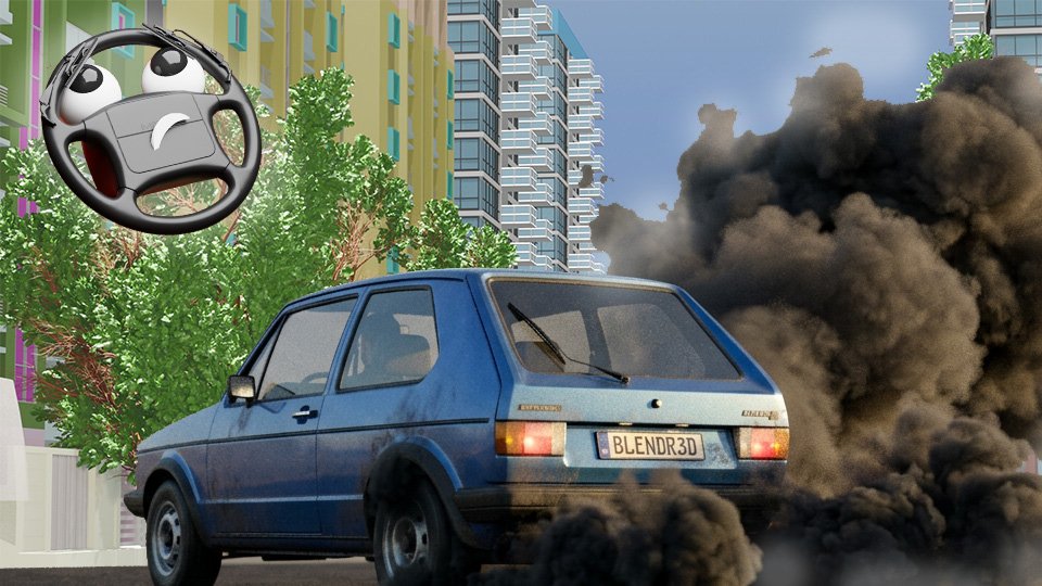 A 3D render of a rear view of the small blue car with voluminous black clouds of burning rubber coming from the rear wheels on Grumble Blvd while Parker looks on, by John D Reinhart