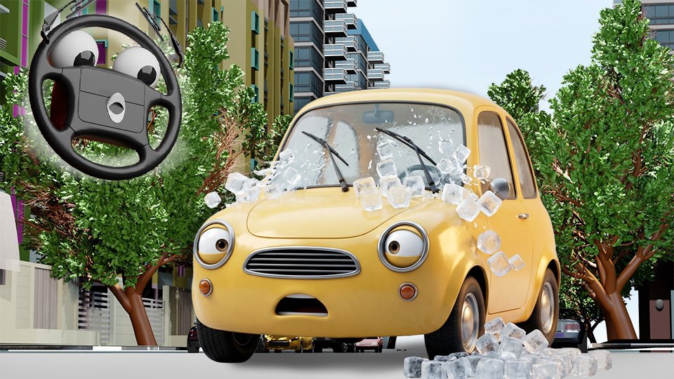 A 3D render of a cute little car yellow car wincing in surprise as the windshield washers are spraying a huge volume of big ice cubes at the windshield on Grumble Blvd while Parker looks on, by John D Reinhart