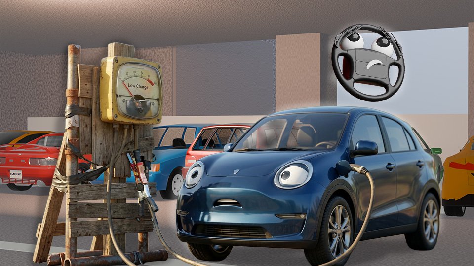 A 3D render of a stylish EV connected to a shoddy charging stand looking up with its cartoonish headlights anxiously at the hovering charge meter that shows a very low charge in the Grumble Blvd Garage while Parker looks on, by John D Reinhart
