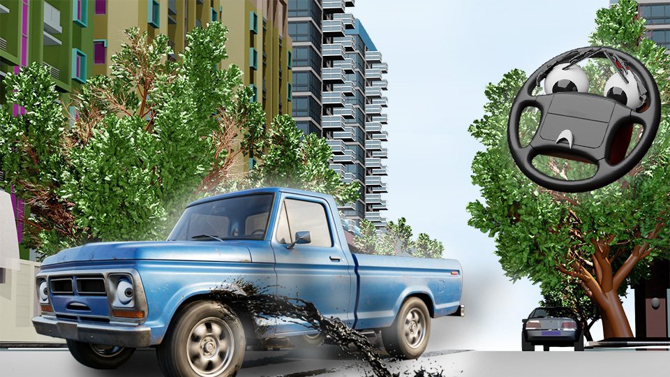 A 3D render of a nervous blue pickup truck staring at the stream of black fluid spouting out from behind his left front tire as he's racing down Grumble Blvd while Parker looks on, by John D Reinhart