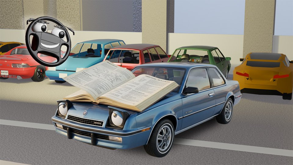 A 3D render of a a metallic blue 1982 Buick Skyhawk coupe with an enormous owner's manual open on the hood and the headlights looking up at it in cartoonish confusion in the Grumble Blvd garage while Parker looks on, by John D Reinhart