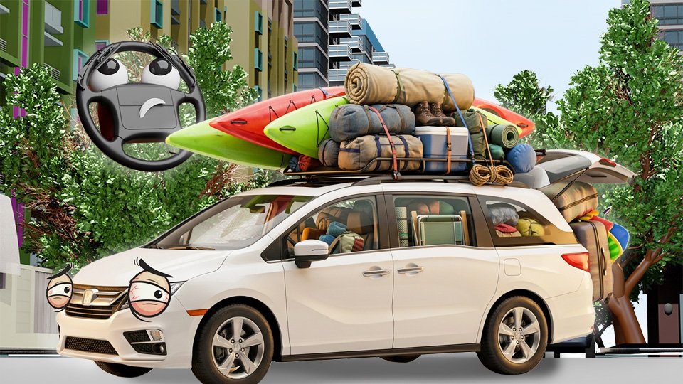 A 3D render of a modern white minivan with a roof rack seriously overpacked inside and out with stuff for a vacation, including kayaks and a tent, with cartoonishly stressed-looking headlight eyes on Grumble Blvd while Parker looks on, by John D Reinhart