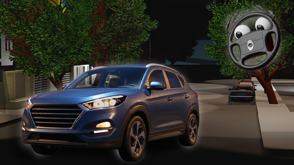 A 3D render of a handsome modern SUV at night with cartoonishly alarmed headlight eyes because the headlights, fog lights, and other lights are all extremely dim on a darkened, nighttime Grumble Blvd while Parker looks on, by John D Reinhart
