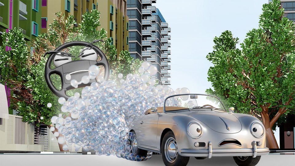 A 3D render of a cute silver convertible staring in horror as shimmering bubbles are billowing in a huge cloud from behind the righ rear tire on Grumble Blvd while Parker looks on, by John D Reinhart