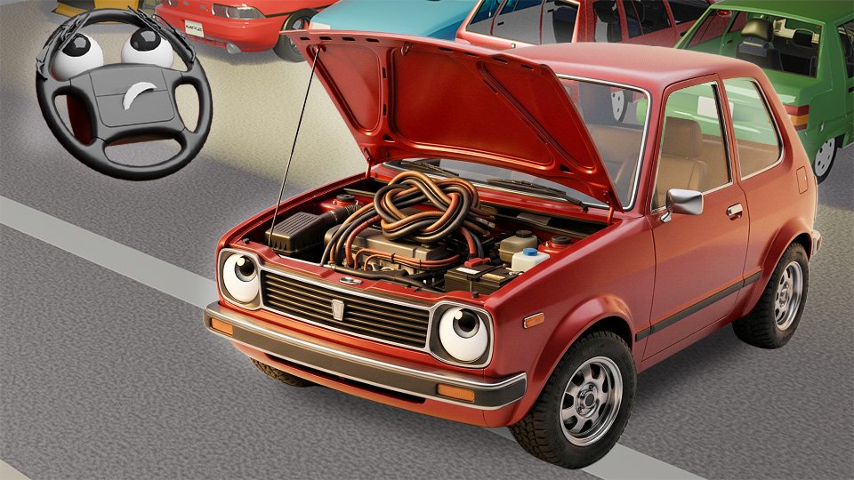 A photorealistic high-resolution Blender 3D render of a cute red hatchback with cartoonish headlight eyes looking up at the open hood, in which a dozen heavy cables are laced over t,he engine and tied up in a clean knot on Grumble Blvd while Parker looks on, by John D Reinhart