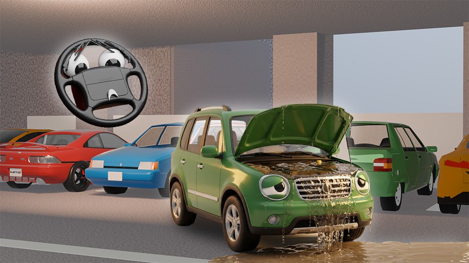 A 3D render of a cute green SUV looking in dismay at its open hood, under which the engine bay is completely flooded right to the top and cascading over the grill in the Grumble Blvd garage while Parker looks on, by John D Reinhart