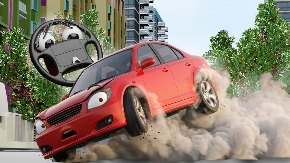 A 3D render of a very surprised-looking racy red sedan cartoonishly skidding to a stop, front end down but rear end high and raising clouds of smoke on Grumble Blvd while Parker looks on, by John D Reinhart