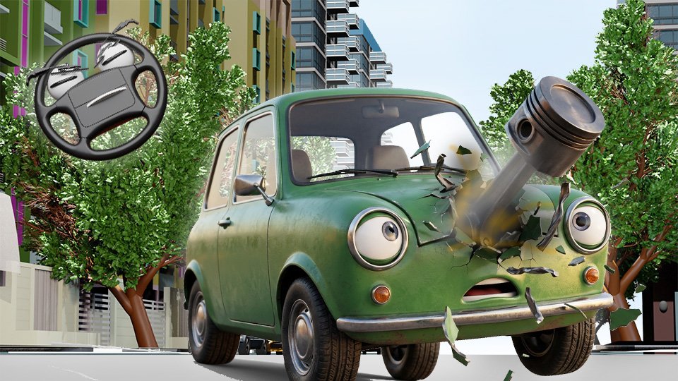 A 3D render of a view inside the hood of a cute green hatchback staring up in horror with its cartoonish headlight eyes as a piston shoots a hole through the top of the hood like a bullet on Grumble Blvd while Parker looks on, by John D Reinhart