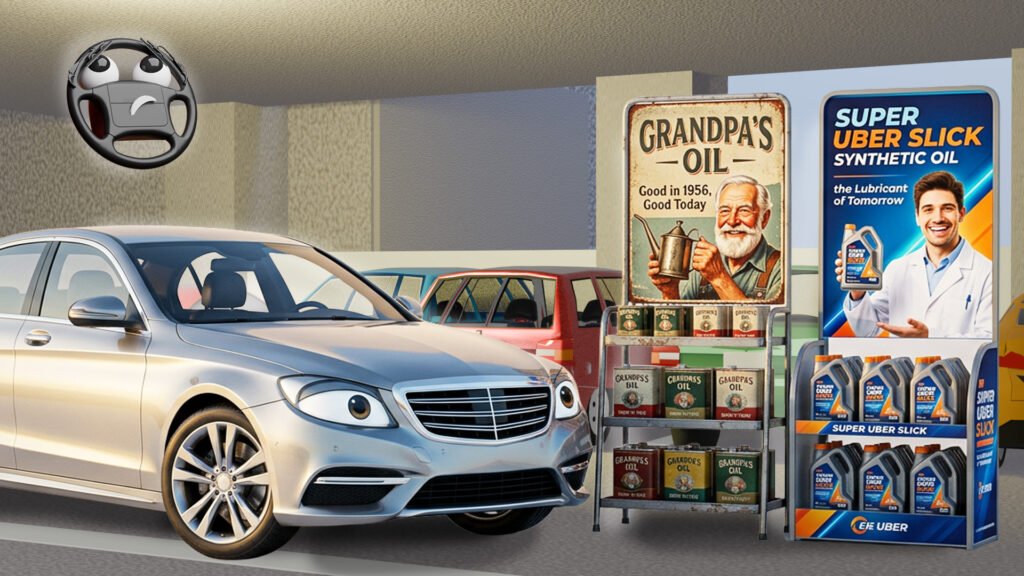 A 3D render of a view inside the hood of a a stylish silver sedan with its cartoonish headlight eyes looking sideways at two motor oil display racks, one has graphics saying "Grandpa's Oil - Good in 1956, Good Today" with a picture of a very old man holding an oil dripper and the other saying "Super Uber Slick Synthetic Oil - the Lubricant of Tomorrow" with a smiling young guy in a white lab coat in the Grumble Blvd garage while Parker looks on, by John D Reinhart
