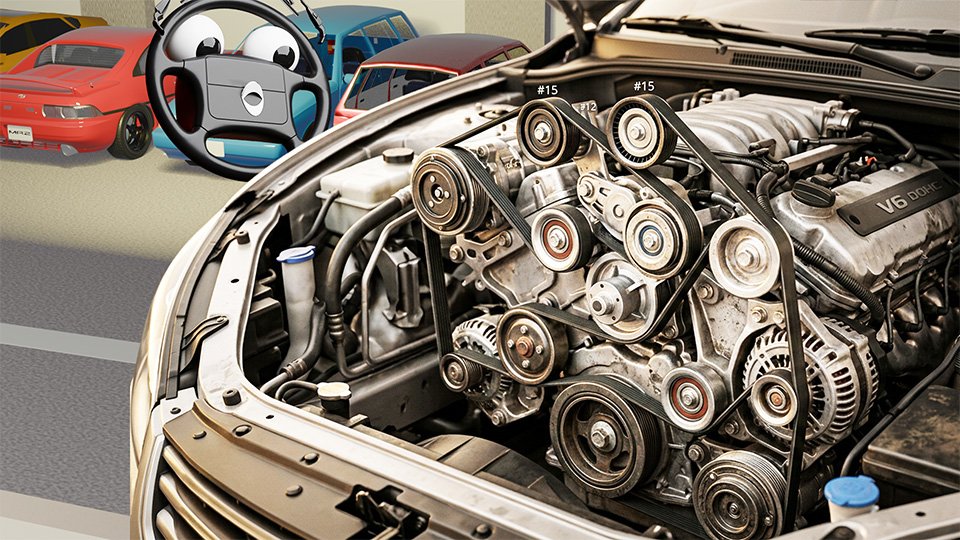 A 3D render of a view inside the hood of a modern car, where we can see the serpentine belt, but it's cartoonishly wrapped around 15 pullies in Grumble Blvd Garage while Parker looks on, by John D Reinhart