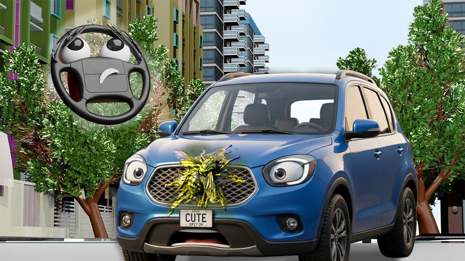A 3D render of a cute blue SUV staring in horror at the enormous bug guts splattered in the center of the grille on Grumble Blvd while Parker looks on, by John D Reinhart
