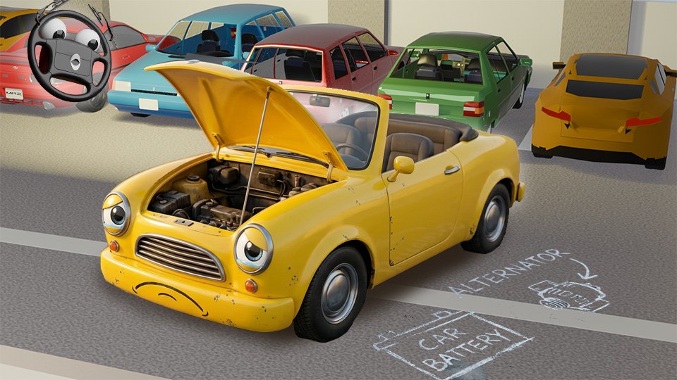 A 3D render of a handsome modern SUV a cartoonishly sad-looking yellow convertible, it's hood open, beside the chalk outlines of a car battery and an alternator sketched on the pavement alongside in the Grumble Blvd garage while Parker looks on, by John D Reinhart