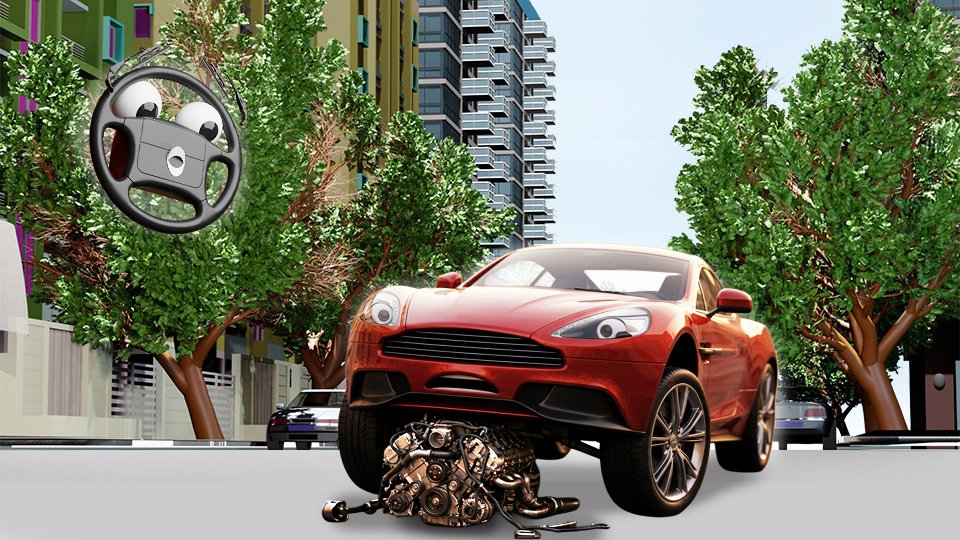 A 3D render of a surprised-looking red sports car looking down to see the entire engine lying on the street between the front wheels on Grumble Blvd while Parker looks on, by John D Reinhart
