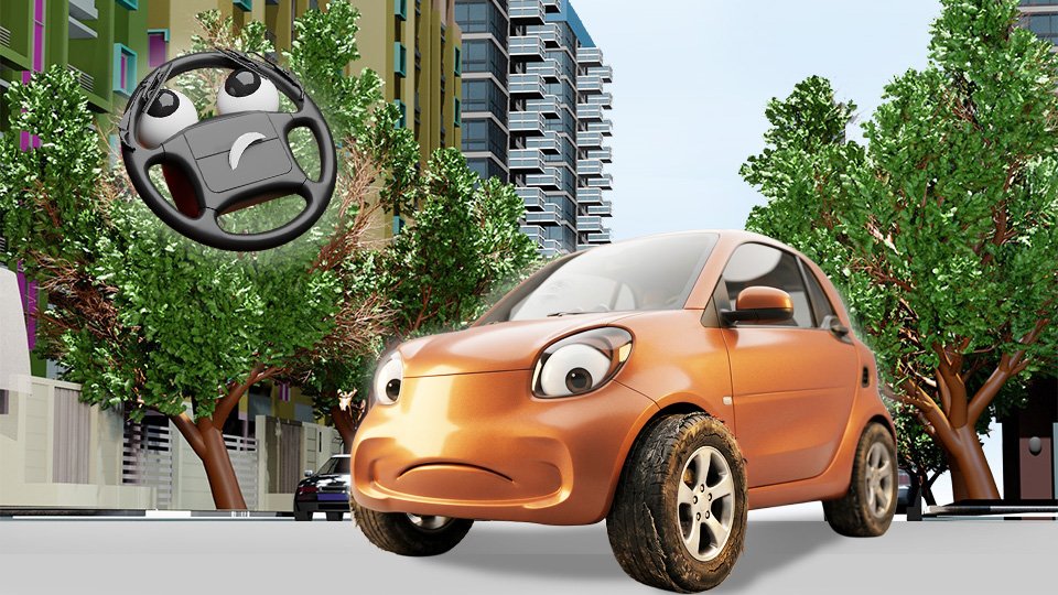 A 3D render of astylish EV cartoonishly staring at its terribly worn-out and tattered tires on Grumble Blvd while Parker looks on, by John D Reinhart