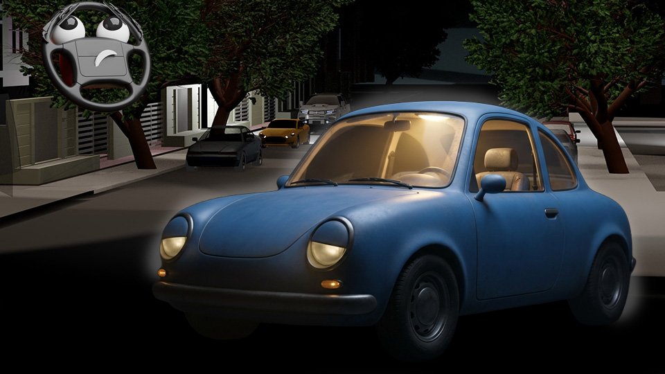 A 3D render of a view inside the hood of an exhausted-looking cute blue coupe with dimly lit headlight eyes drooping and extremely dim parking lights while the dome light inside shines brightly late at night on Grumble Blvd while Parker looks on, by John D Reinhart