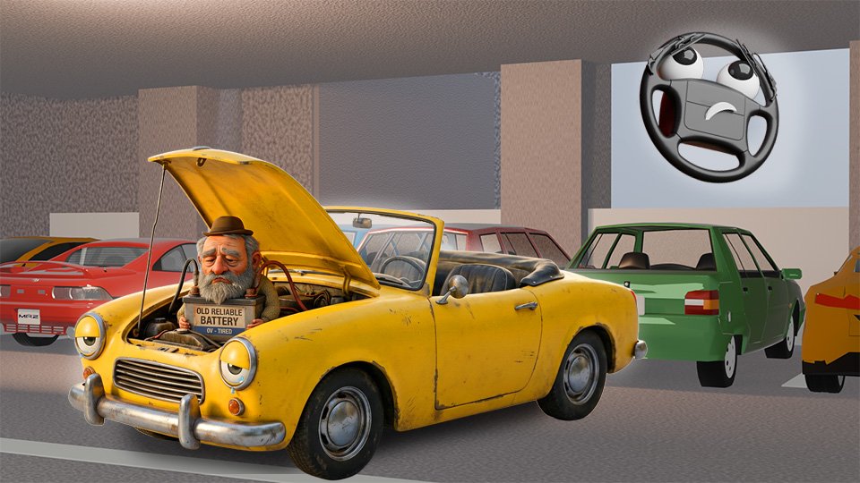 A 3D render of a cartoonishly sad-looking yellow convertible, it's hood open, with a battery that looks like a very old bearded man, on Grumble Blvd while Parker looks on, by John D Reinhart