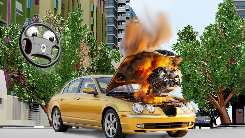 A 3D render of an astonished-looking gold sedan staring in horror as the hood blows off and the entire engine explodes straight up out of the engine bay, on Grumble Blvd while Parker looks on, by John D Reinhart