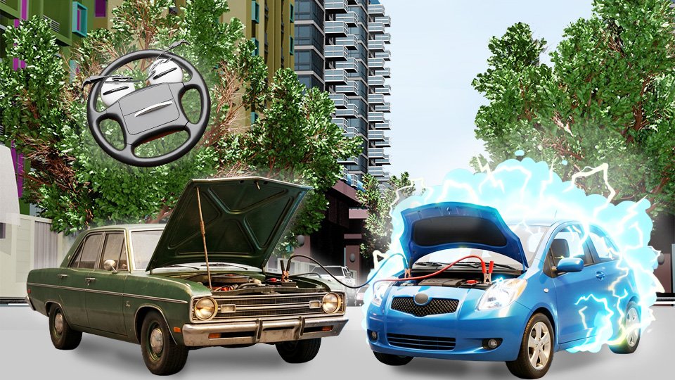 A 3D render of two cars side-by-side with open hoods, connected by jumper cables: the older, more confident car on the left has a meaningful look in its headlight eyes, the younger car on the right has a look of panic in its headlight eyes as the entire car is surrounded by a cartoonishly bright electrical shock on Grumble Blvd while Parker looks on, by John D Reinhart