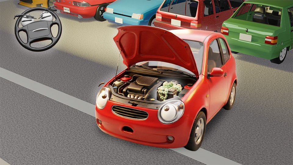 A photorealistic high-resolution Blender 3D render of cute red hatchback with cartoonish headlight eyes looking up in surprise at the open hood, in which we see the battery is cartoonishly caked with corrosion in the Grumble Blvd garage while Parker looks on, by John D Reinhart