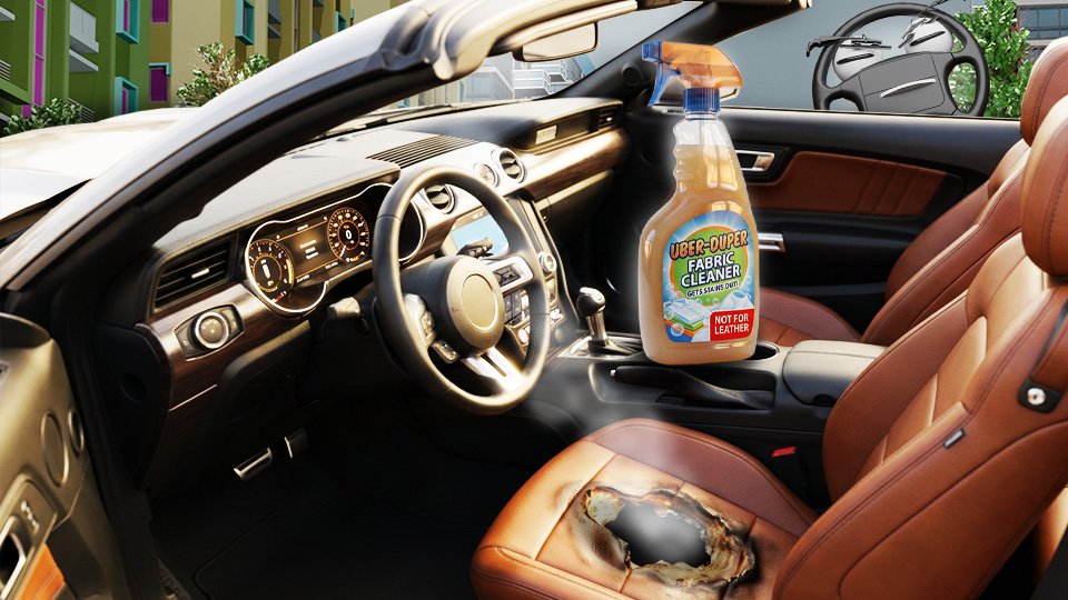 A photorealistic high-resolution Blender 3D render of a stylish modern converntible on Grumble Blvd with a smoking hole in the leather's driver seat and bottle of "Uber-Duper Cleaner" with a lable stating "not for use on leather" on the center console while Parker looks on